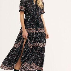 Free People Rare Feelings Black and Pink Floral Maxi Dress